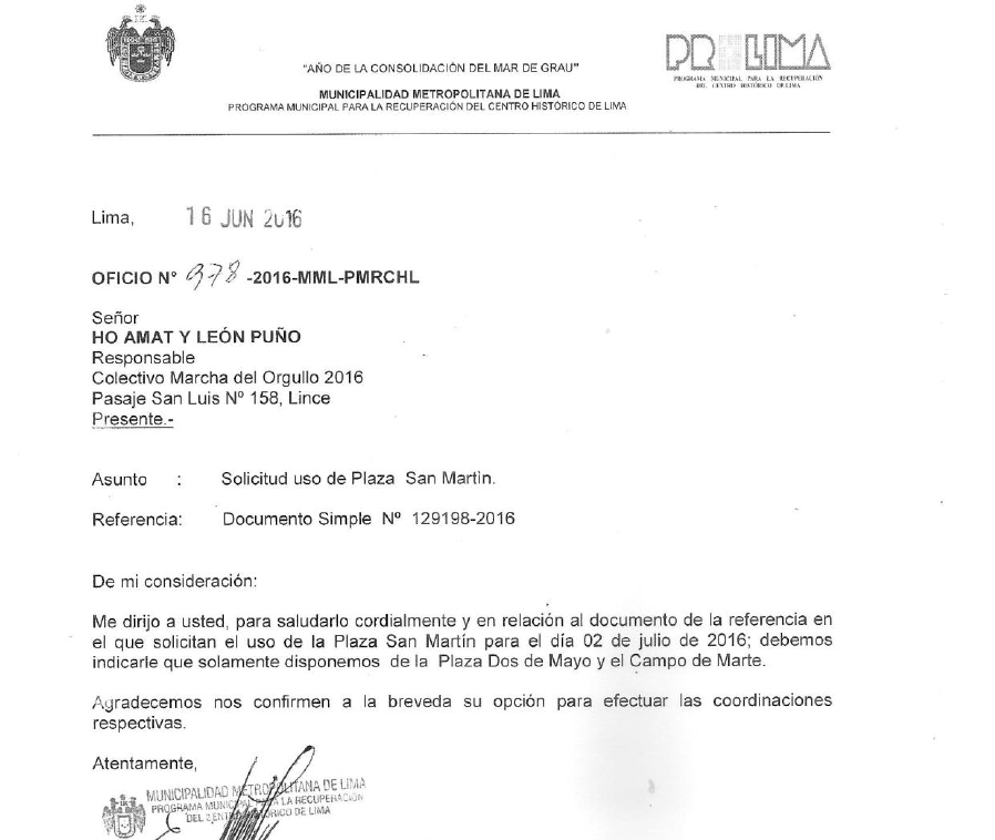Carta de respuesta de Municipalidad Metropolitana de Lima