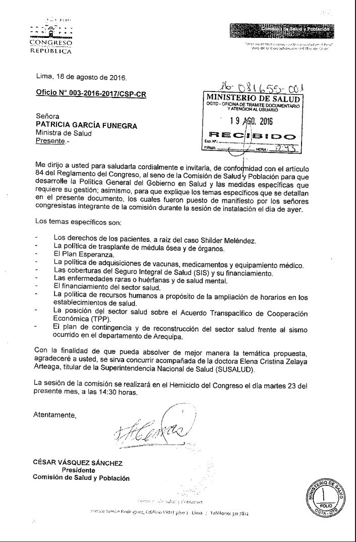 Carta de la Comisión de Salud del Congreso de la República 