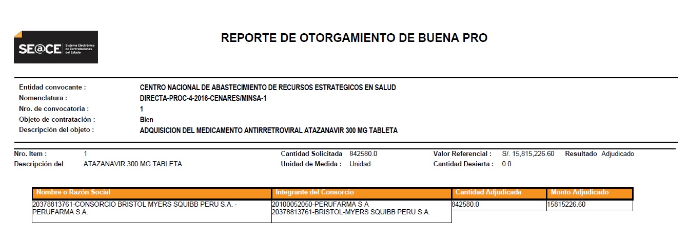 Reporte de Seace sobre última compra de Rayataz (Atazanavir)