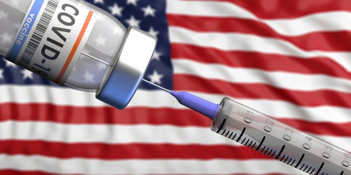 USA Coronavirus vaccine. Covid-19 vaccination, US of America flag background. 3d illustration USA Coronavirus vaccine. Covid-19 vaccination, US of America flag background. 3d illustration